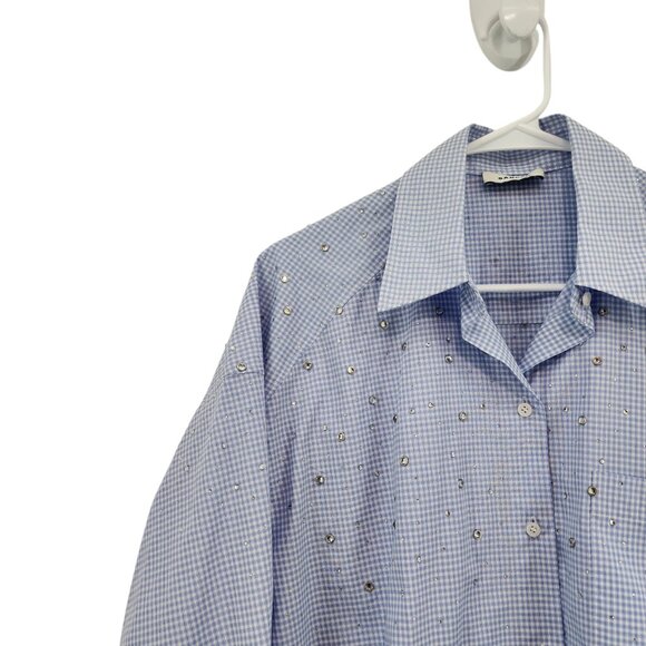 Sandro Women's Rhinestone Embellished Cotton Button Down Plaid Shirt - Picture 2 of 9